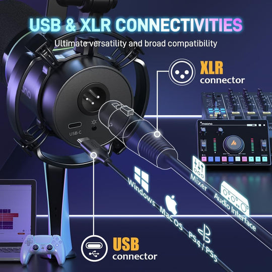 MAONO XLR/USB Dynamic Microphone Kit, RGB Gaming Mic Bundle for Podcast Studio Streaming Recording Vocal PD200X+BA92 Black