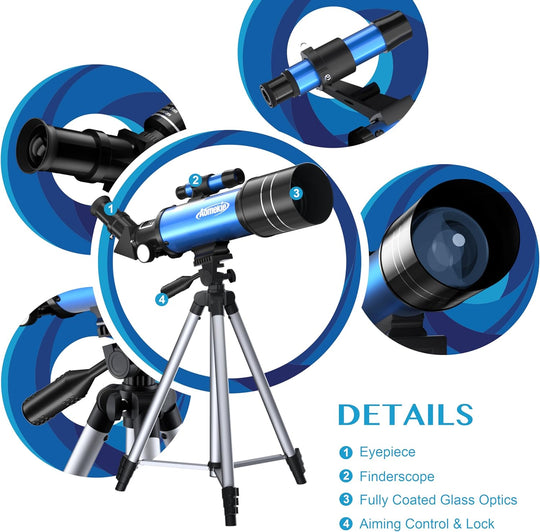AOMEKIE 40070 Telescopes for Astronomy Beginners and Adults 70Mm Astronomical Telescopes with Adjustable Tripod K6 and K25 Eyepieces,Phone Adapter