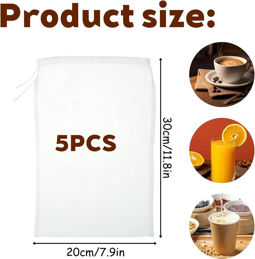 5 Pcs Nylon Brew Bags, Fine Mesh Brewing Bag Reusable Cold Brew Bags, 7.9 X 11.8 Inch Straining Bag for Beer, Wine, Cider