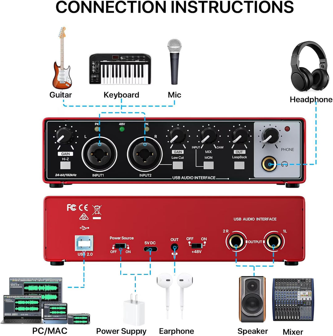 USB Audio Interface 24Bit/192Khz High-Resolution Sound Card for Music Recording, Studio, Guitar, Podcast, Streaming, Compatible with PC and Mac, Metallic Red