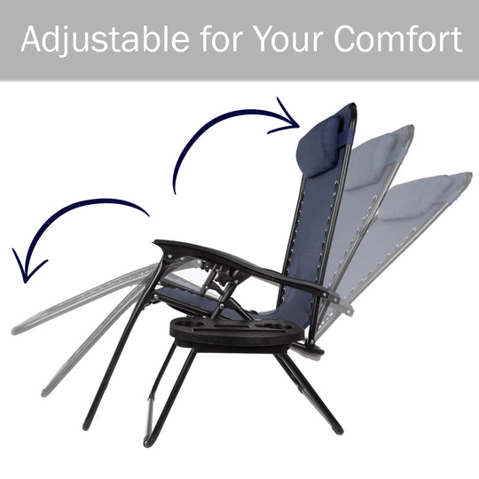 Zero Gravity Lounge Chairs - Set of 2 - Folding Anti-Gravity Recliners - Side Table Cup Holder &amp; Pillow, Navy Blue
