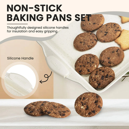Bakeware Set, 21-Piece Baking Pans Set Kitchen Carbon Steel Baking Sheet Pans with Silicone Handles, Cookie Sheets Nonstick(Beige)
