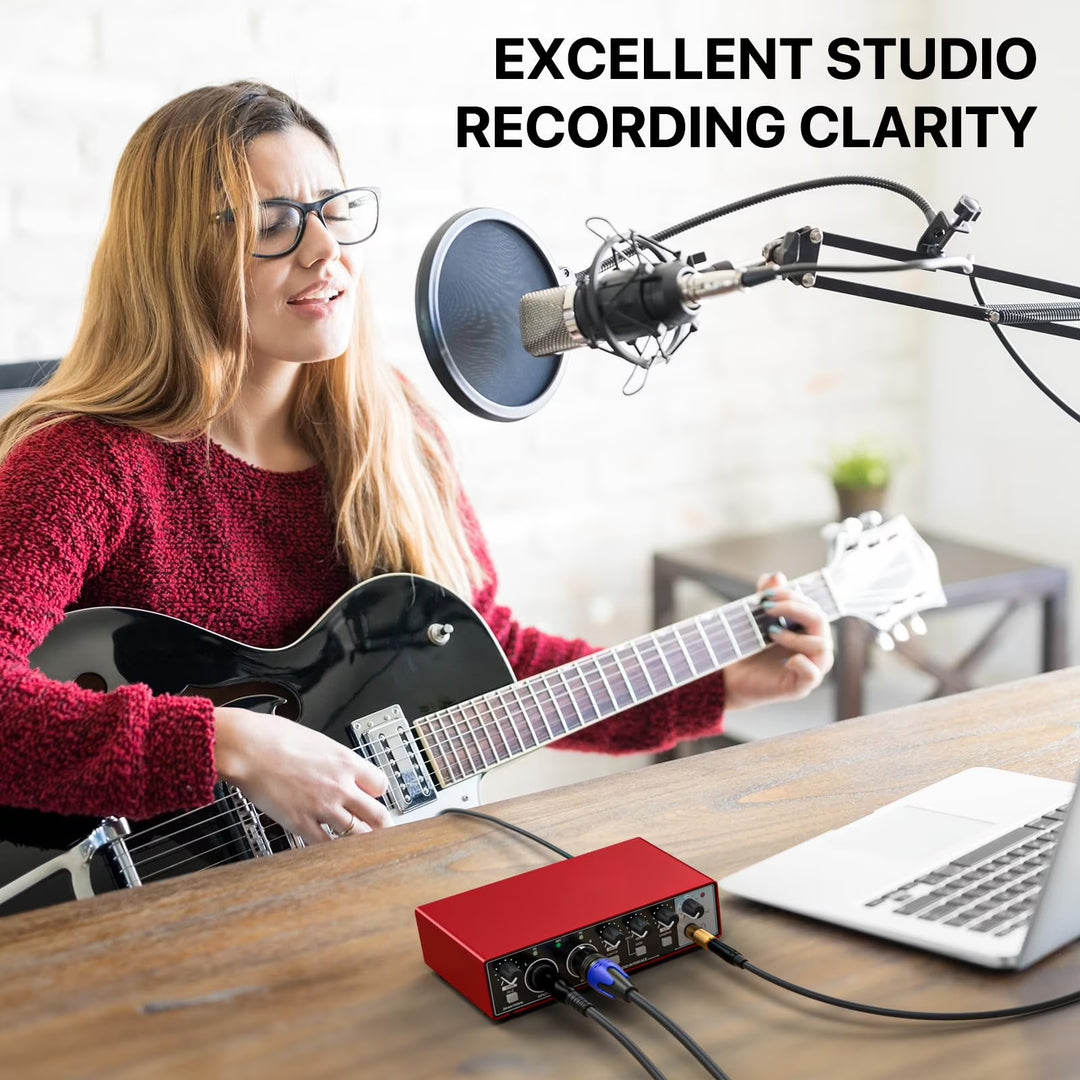 USB Audio Interface 24Bit/192Khz High-Resolution Sound Card for Music Recording, Studio, Guitar, Podcast, Streaming, Compatible with PC and Mac, Metallic Red