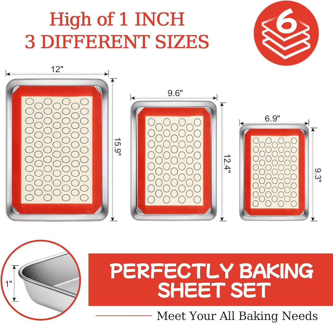 Baking Sheet with Silicone Baking Mat Set,Cekee Stainless Steel Baking Sheet Pan Tray, Cookie Sheets for Baking, 6PCS Baking Supplies Bakeware Sets for Oven Making Cookies, Macaroons, Bread