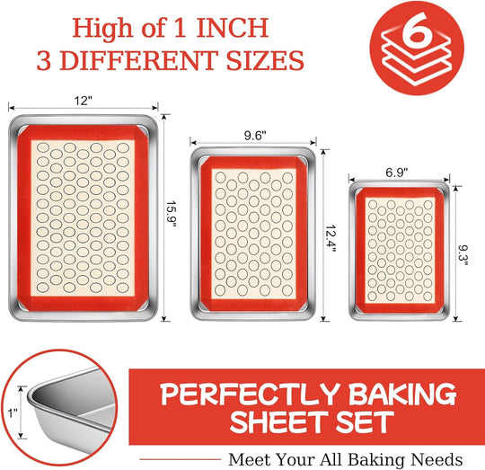 Baking Sheet with Silicone Baking Mat Set,Cekee Stainless Steel Baking Sheet Pan Tray, Cookie Sheets for Baking, 6PCS Baking Supplies Bakeware Sets for Oven Making Cookies, Macaroons, Bread