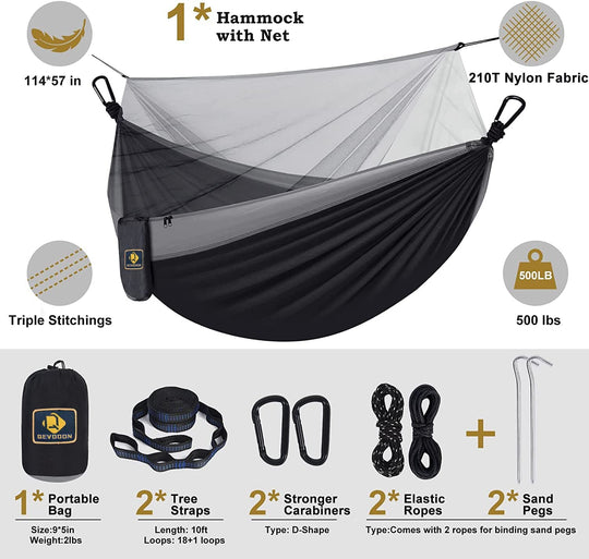 Qevooon Camping Hammock with Net,Travel Portable Lightweight Hammocks with Tree Straps and Solid D-Shape Carabiners,Parachute Nylon Hammock for Outsides Backpacking Beach Backyard Patio Hiking