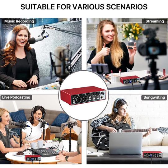 USB Audio Interface 24Bit/192Khz High-Resolution Sound Card for Music Recording, Studio, Guitar, Podcast, Streaming, Compatible with PC and Mac, Metallic Red