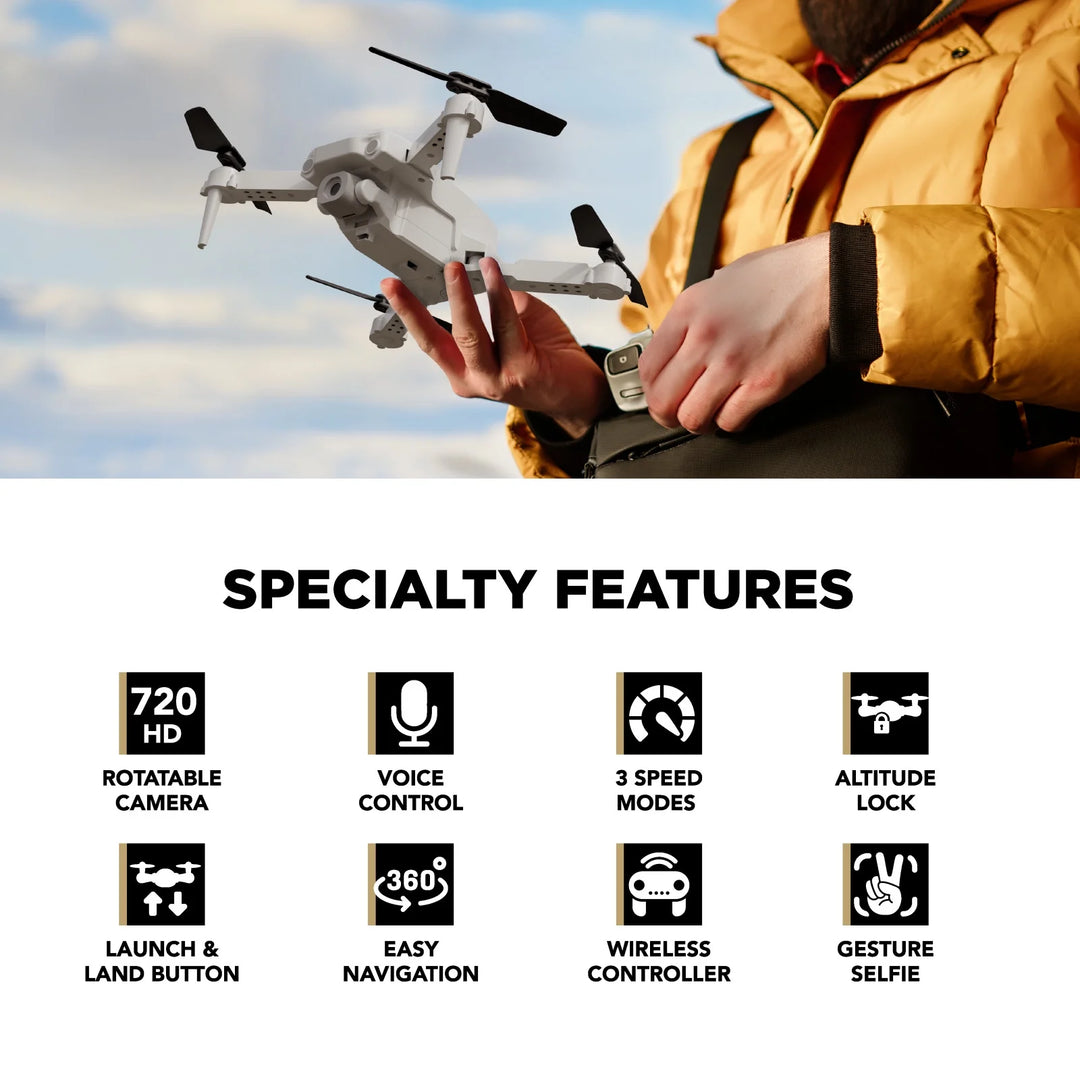 Skyhornet Foldable RC Drone with 720P HD Camera, Wifi FPV Live Video, 3 Speed Modes, Auto Takeoff &amp; Landing, 11 Minutes Flight Time, Remote Control Quadcopter Toy for Kids &amp; Beginners, White