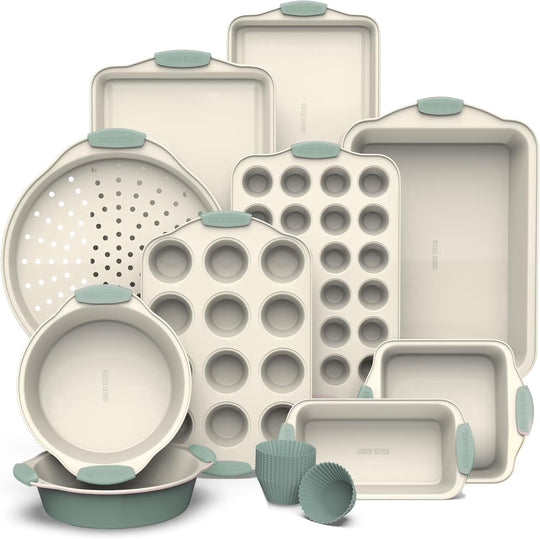 22-Pc Baking Set, Stackable Nonstick Baking Sheet Set with Silicone Handles, Sage