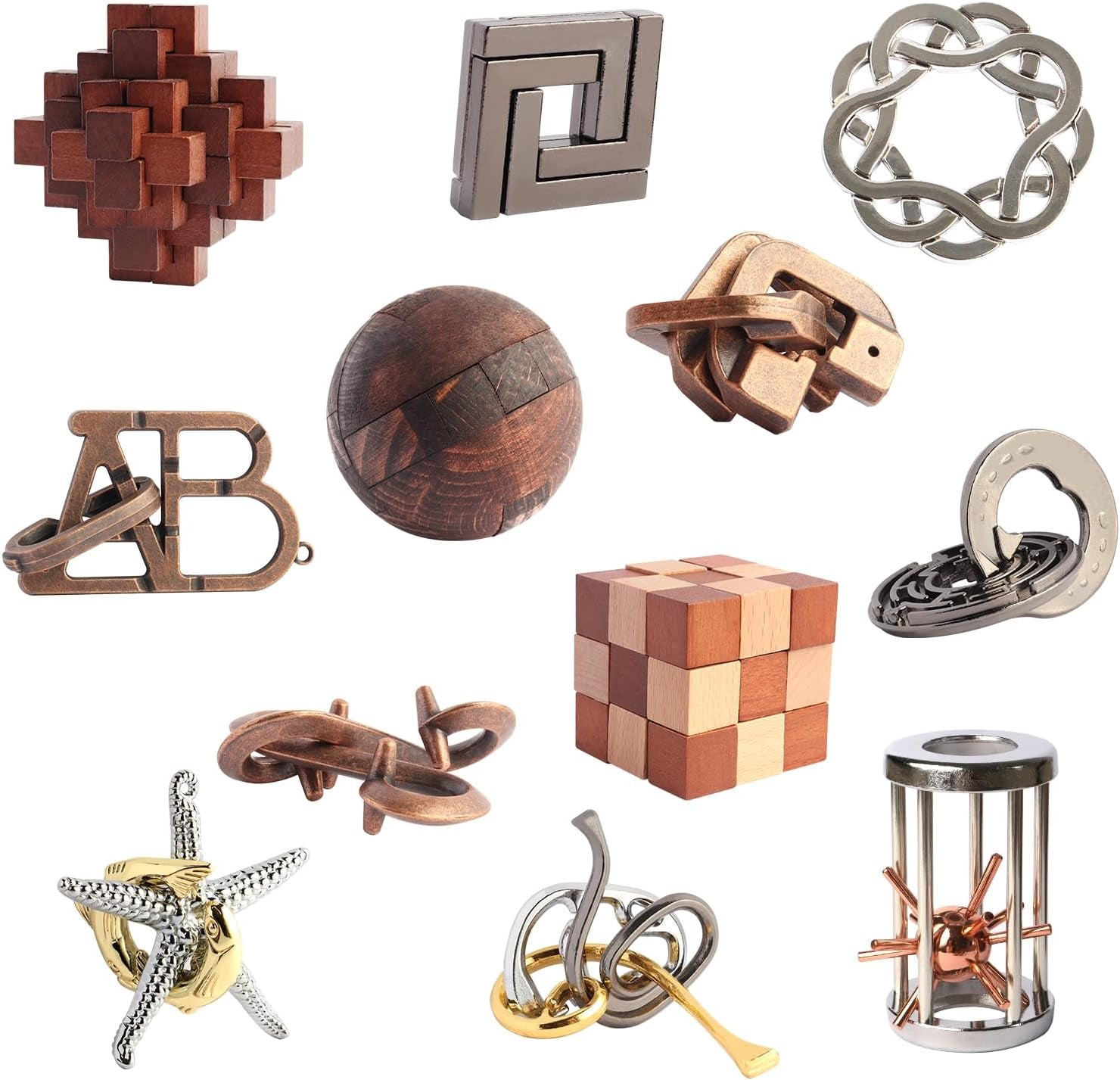 Puzzles Toys Brain Teaser Puzzles 12Pcs Ring Puzzles Metal Wooden Puzzles Logic Lock for Adults Kids Toy Gift for Teens