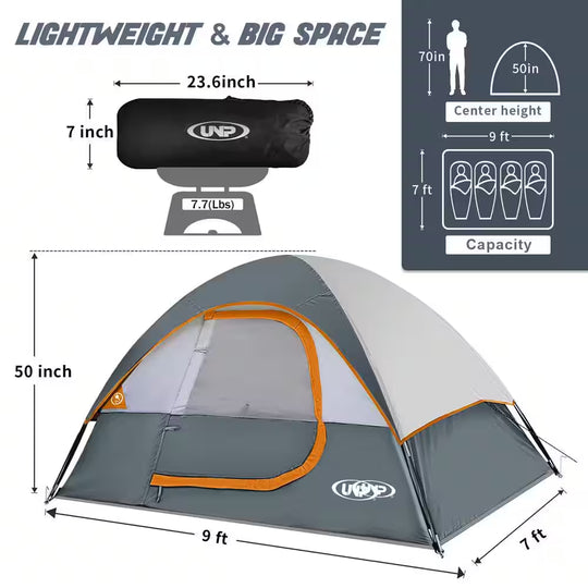 Gray 4-Person Camping Tents, Waterproof Windproof Tent with Rainfly Easy Set Up-Portable Dome Tents for Camping
