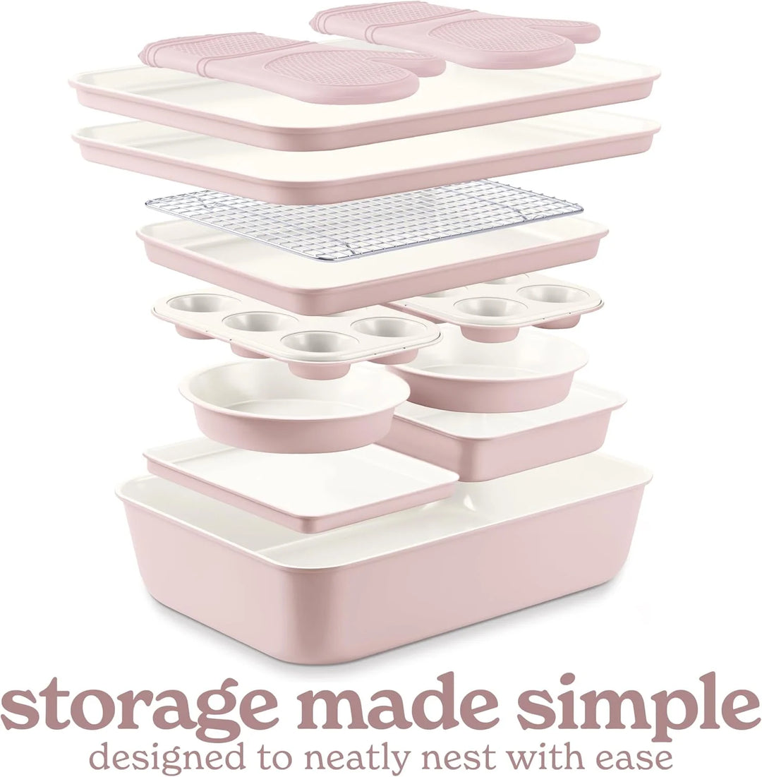 Nonstick Stackable Bakeware Set, 13-Pc Baking Set with Baking Sheets &amp; Pans, Pink