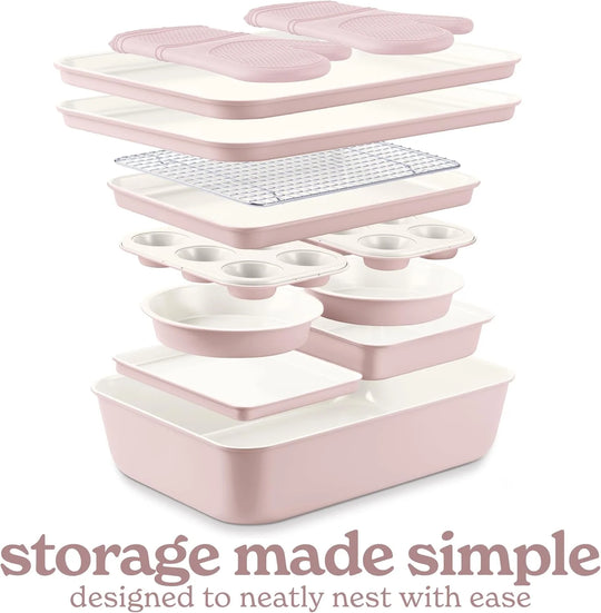 Nonstick Stackable Bakeware Set, 13-Pc Baking Set with Baking Sheets &amp; Pans, Pink