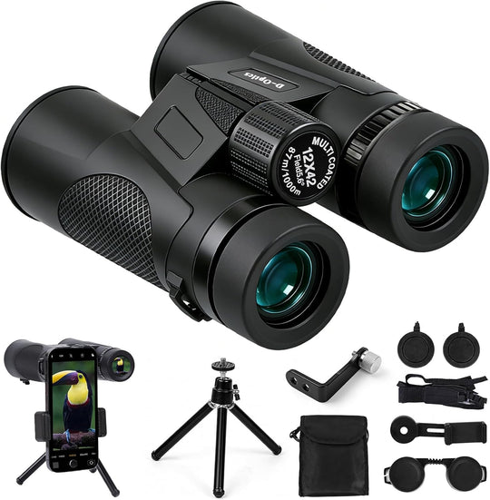 12X42 HD Binoculars for Adults High Powered with Phone Adapter Tripod | Bird Watching Binoculars Compact BAK4 Prism FMC Lens Waterproof Low Light Vision Binoculars for Cruise Ship,Hunting,Hiking
