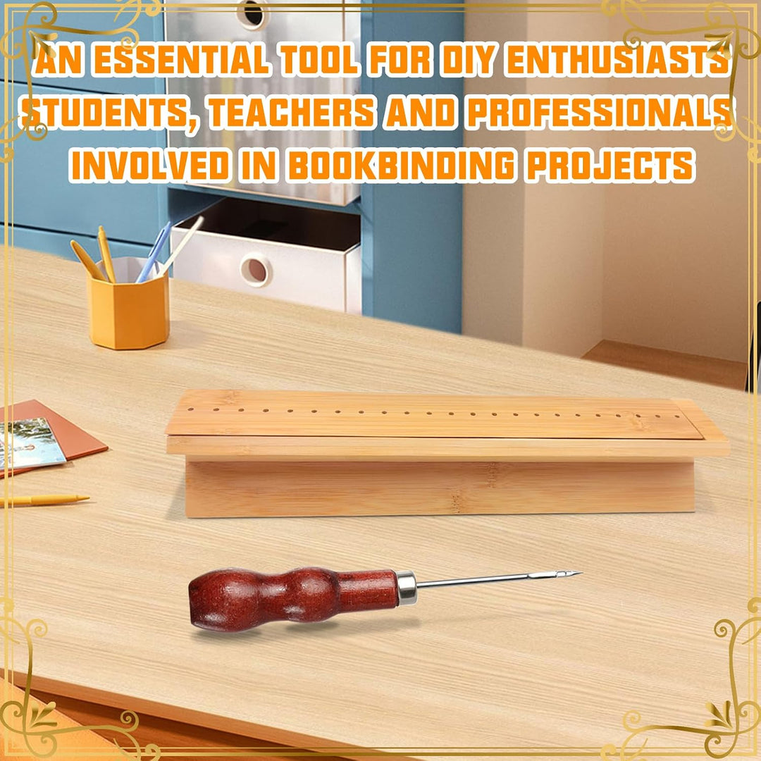 Bamboo Book Binding Cradle with 2 Awls Wood Bookbinding Punching Cradle with Piercing Guide Portable Book Binding Tools Book Binding Kits Bookbinding Supplies for Book DIY Crafts