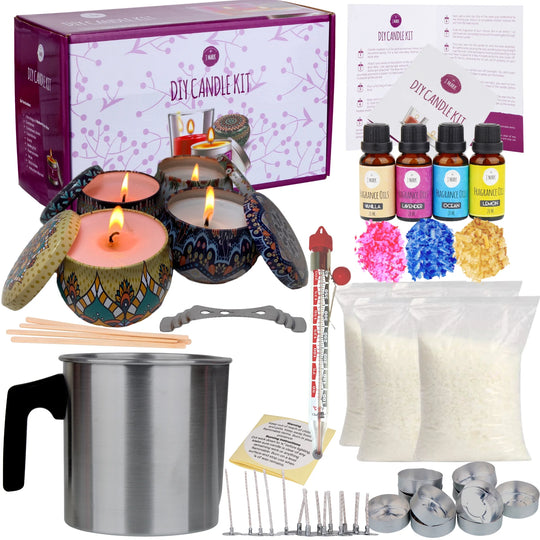 DIY Candle Making Kit for Adults ‚ 66 Pcs All Inclusive with 4 Decorative Candle Tins, 10 Tealight Candle Tins, Soy Wax, Dye, Fragrance Oils, Cotton Wicks, Melting Pot, Wick Holder ‚Äìart &amp; Crafts