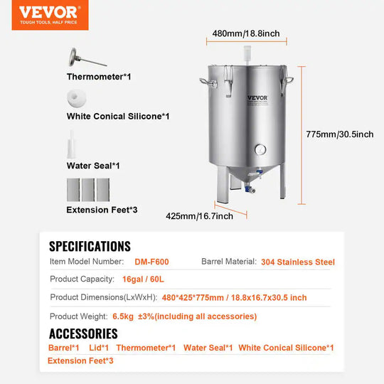304 Stainless-Steel Kettle16 Gal. Beer Brew Fermenter Brew Bucket for Brewing Home Brewing Supplies Thermometer