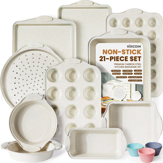 Bakeware Set, 21-Piece Baking Pans Set Kitchen Carbon Steel Baking Sheet Pans with Silicone Handles, Cookie Sheets Nonstick(Beige)