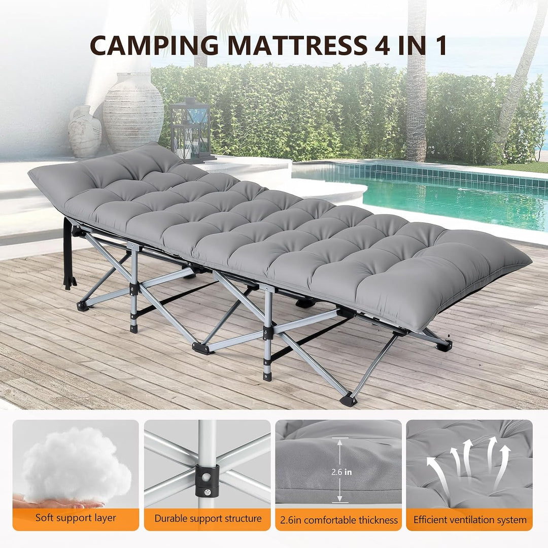 VINGLI Folding Camping Cot Bed,Camping Cots for Adults with Mattress, Foldable Cots for Sleeping with Pillow 1200D Layer Oxford for for Guest,Travel,Hiking-Grey 1P