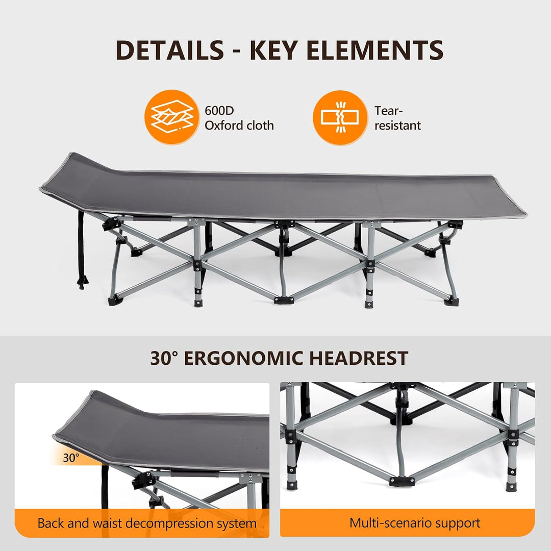 VINGLI Folding Camping Cot Bed,Camping Cots for Adults with Mattress, Foldable Cots for Sleeping with Pillow 1200D Layer Oxford for for Guest,Travel,Hiking-Grey 1P