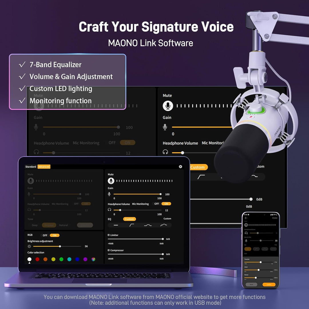 MAONO XLR/USB Dynamic Microphone Kit, RGB Podcast Mic with Software, Mute, Gain Knob, Volume Control, Boom Arm for Streaming, Gaming, Voice-Over, Recording-Pd200Xs White