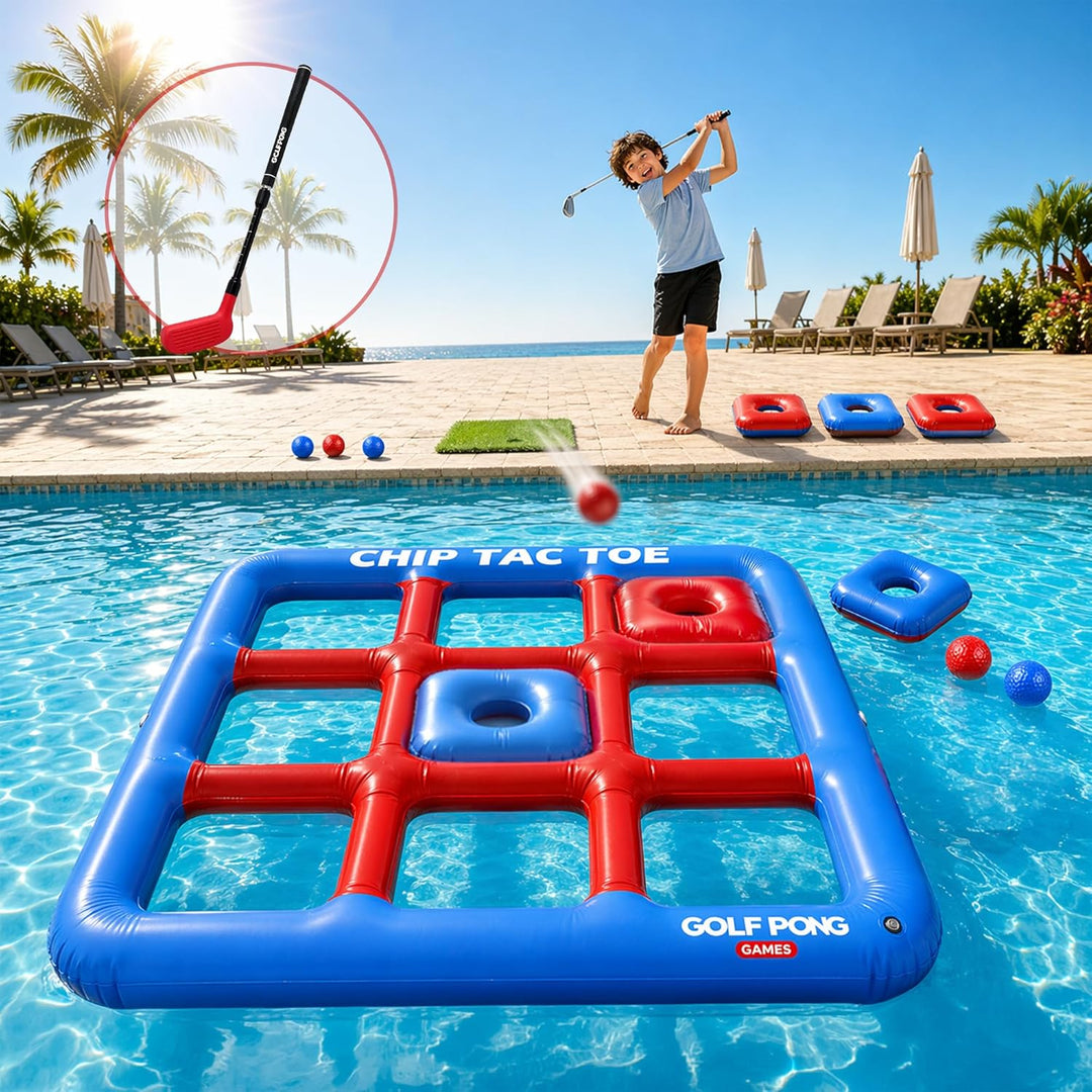 Golf Pong Chip Tac Toe Floating Pool Game - 4FT Inflatable Tic Tac Toe Pool Toy for Adults & Teens, Outdoor Games, Pool Party Games, Backyard Games & Yard Games (Club Included)