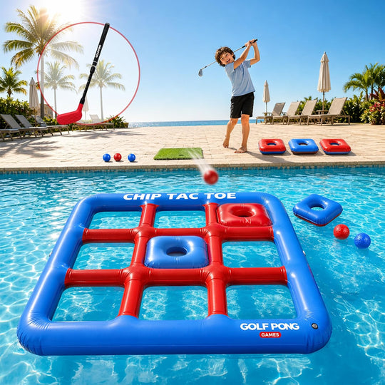 Golf Pong Chip Tac Toe Floating Pool Game - 4FT Inflatable Tic Tac Toe Pool Toy for Adults &amp; Teens, Outdoor Games, Pool Party Games, Backyard Games &amp; Yard Games (Club Included)