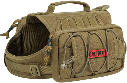 ONETIGRIS Dog Backpack for Medium &amp; Large Dogs, Nylon Backpack for Dogs Tactical Pet Backpack with Side Pockets for Hiking Walking Training Running (Brown, Medium)