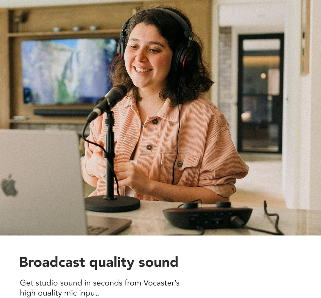 Focusrite Vocaster One — Podcasting Interface for Recording as a Solo Creator. Use Auto Gain, Enhance, and Mute for Easy Podcasting. Small, Lightweight, and Powered by Computer