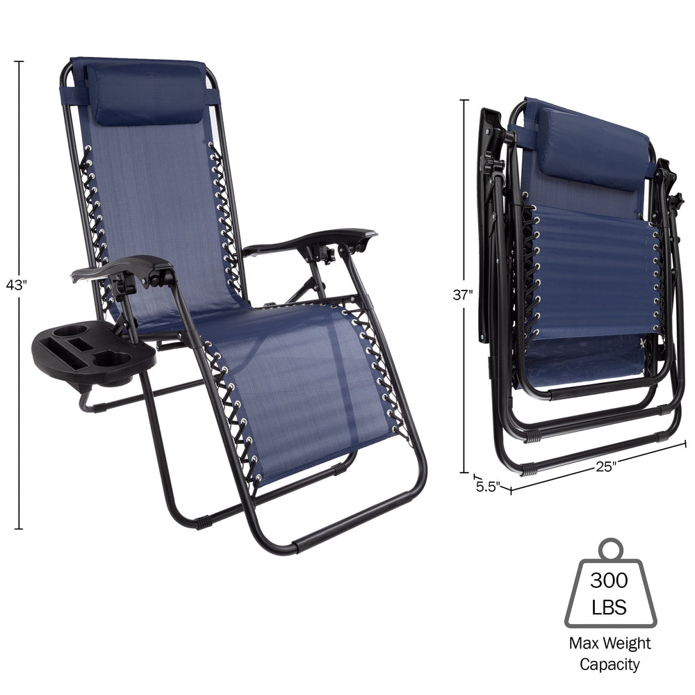 Zero Gravity Lounge Chairs - Set of 2 - Folding Anti-Gravity Recliners - Side Table Cup Holder & Pillow, Navy Blue
