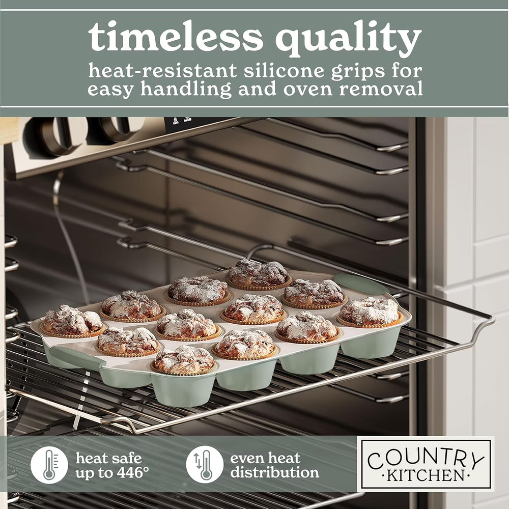 22-Pc Baking Set, Stackable Nonstick Baking Sheet Set with Silicone Handles, Sage