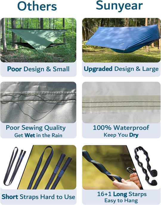 Sunyear Camping Hammock, Portable Single &amp; Double Hammock with Net, 2 Person Hammock Tent with 2 * 10Ft Straps, Best for Outdoor Hiking Survival Travel