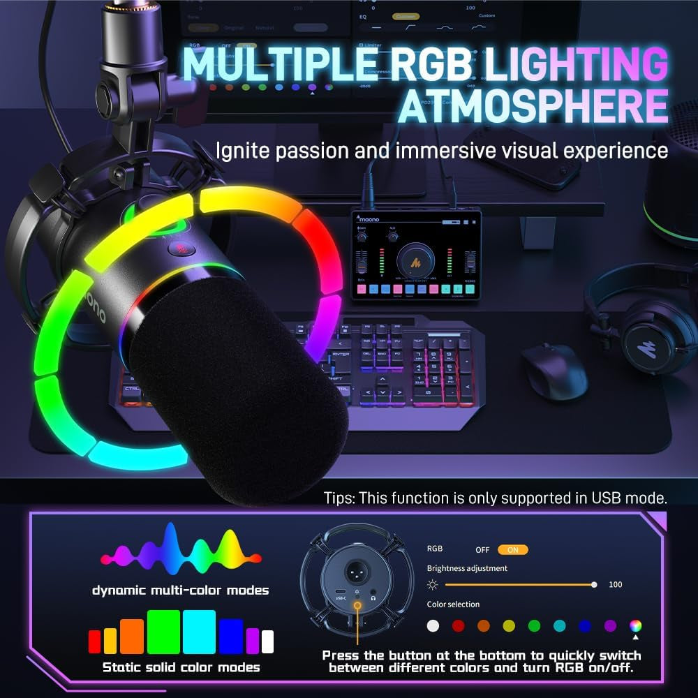 MAONO XLR/USB Dynamic Microphone Kit, RGB Gaming Mic Bundle for Podcast Studio Streaming Recording Vocal PD200X+BA92 Black