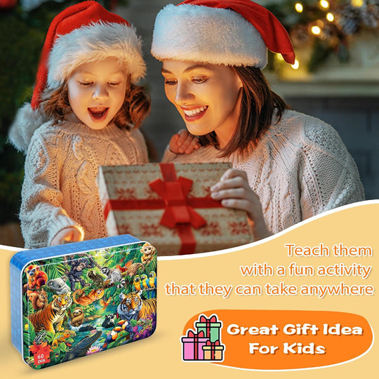 LELEMON Puzzles for Kids Ages 4-6, Jungle Puzzle 60 Piece Puzzles for Kids in a Metal Box, Educational Kids Puzzles Jigsaw Puzzles Childrens Puzzle Games Puzzle Toys for Girls and Boys