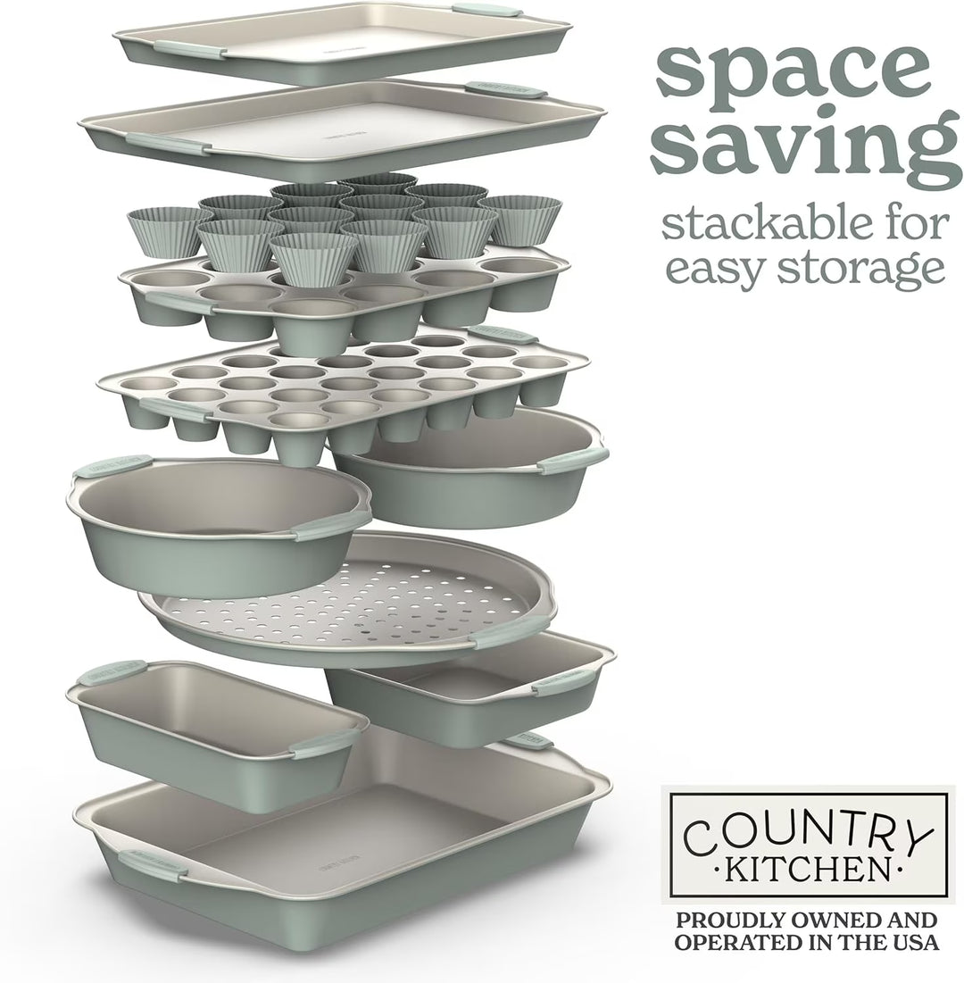 22-Pc Baking Set, Stackable Nonstick Baking Sheet Set with Silicone Handles, Sage