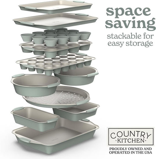 22-Pc Baking Set, Stackable Nonstick Baking Sheet Set with Silicone Handles, Sage