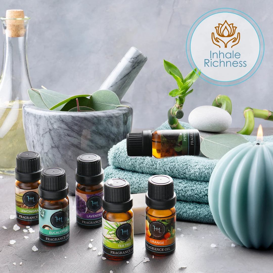 Set of 6 Premium Scented Fragrance Oil for Candle Making, Soap Making, Incense, Potpourri &amp; Aroma Diffuser - Lemongrass, Peppermint, Orange, Lavender, Eucalyptus, Tea Tree Scents, 10Ml Bottles
