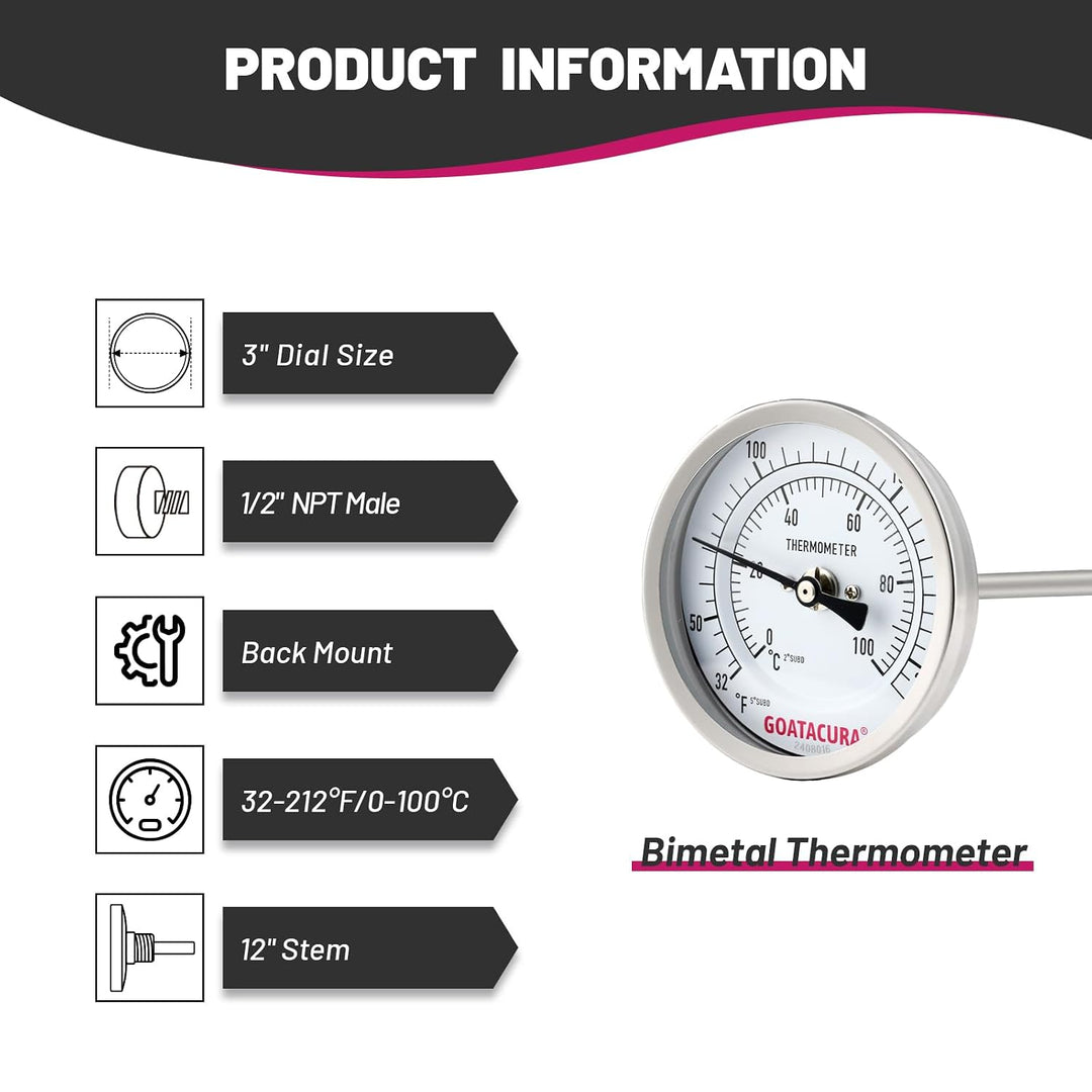 Dial Thermometer for Brewing, 304 Stainless Steel Case and Probe, 3" Dial Size, 12" Stem Length, 32-212 Deg F/0-100 Deg C, 1/2" NPT Back Mount