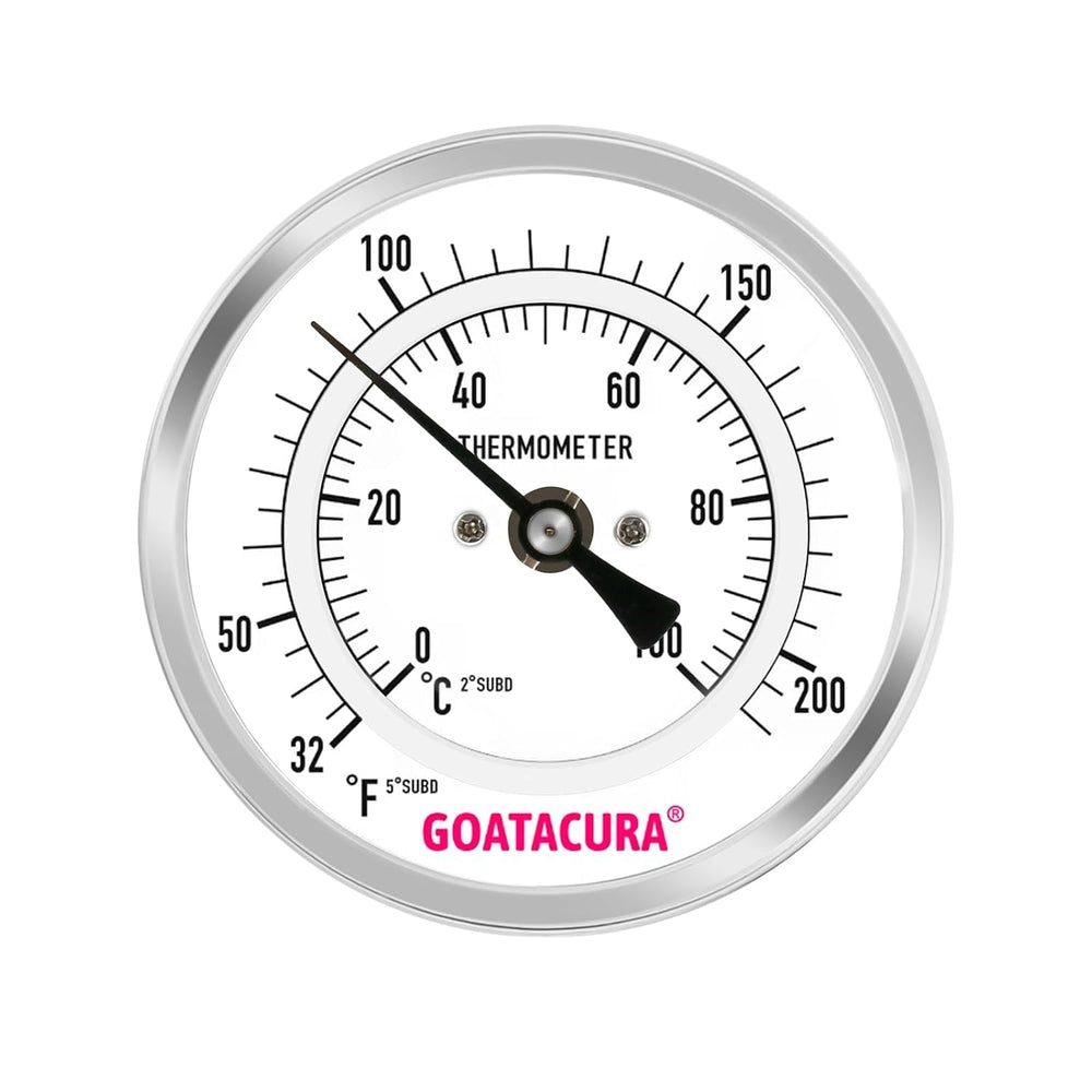 Dial Thermometer for Brewing, 304 Stainless Steel Case and Probe, 3" Dial Size, 12" Stem Length, 32-212 Deg F/0-100 Deg C, 1/2" NPT Back Mount