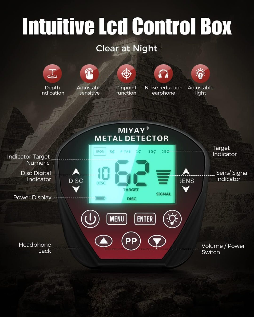 Professional Metal Detector for Adults, Gold Metal Detectors Lightweight with LCD Display, Pinpoint &amp; Disc &amp; Notch &amp; All Metal 5 Modes, Battery Included