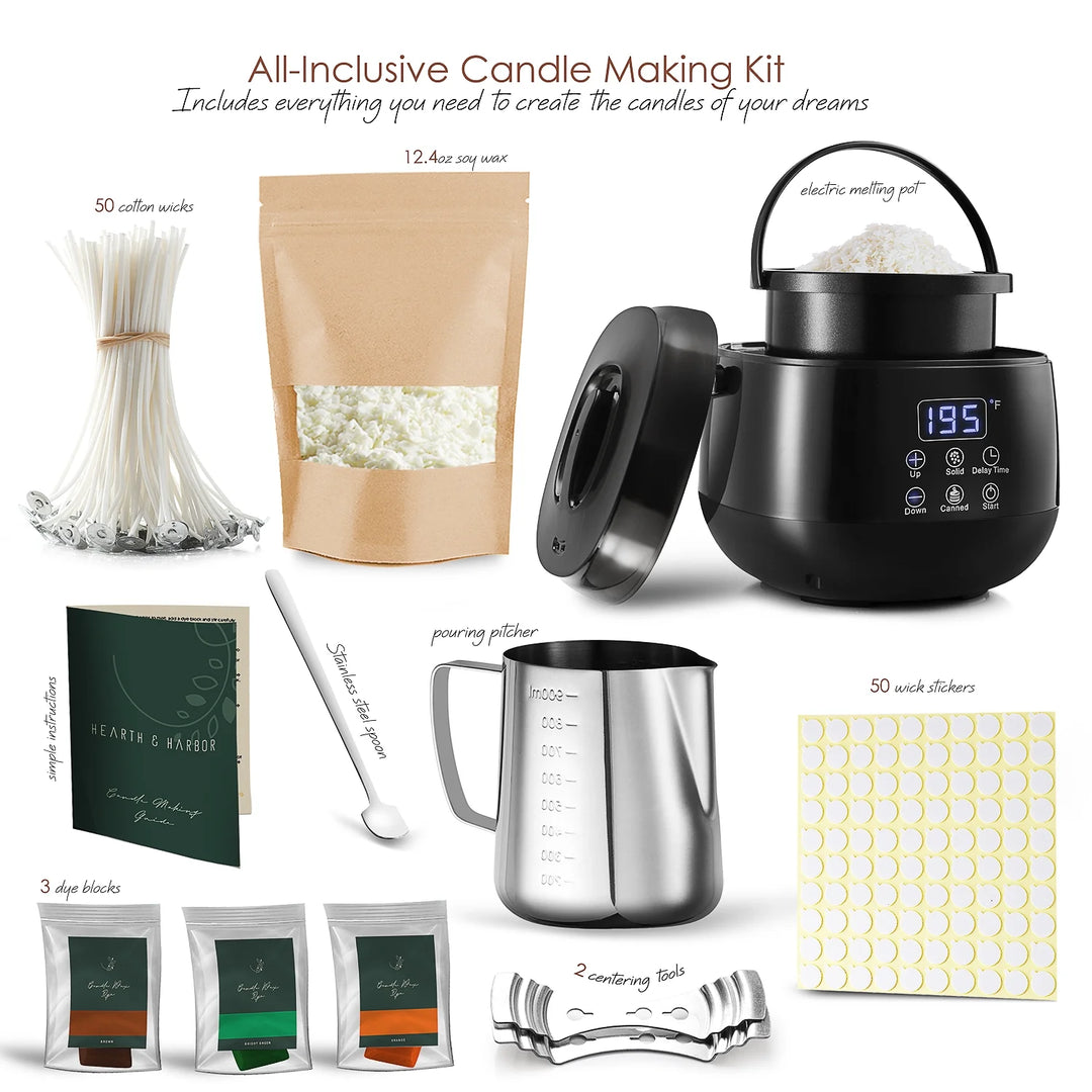 Soy Candle Making Kit - 12.4Oz Natural Soy Candle Wax for Candle Making, Electric Candle Wax Melting Pot, 900Ml Stainless Steel Pot, Cotton Wicks, Dye Blocks Etc.