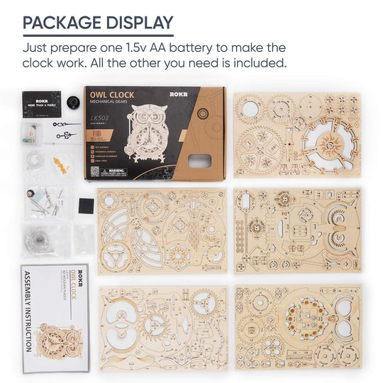 ROKR 3D Wooden Puzzles for Adults Mechanical Clock Kits-Owl Clock, DIY Clock ...