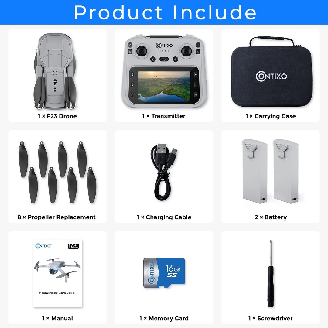 F23 720P FPV Drone with Camera for Kids and Adults, GPS Mini RC Quadcopter with 4.5" Screen, 46 Min Flight Time, Optical Flow, Auto Return, 2 Batteries, Gray