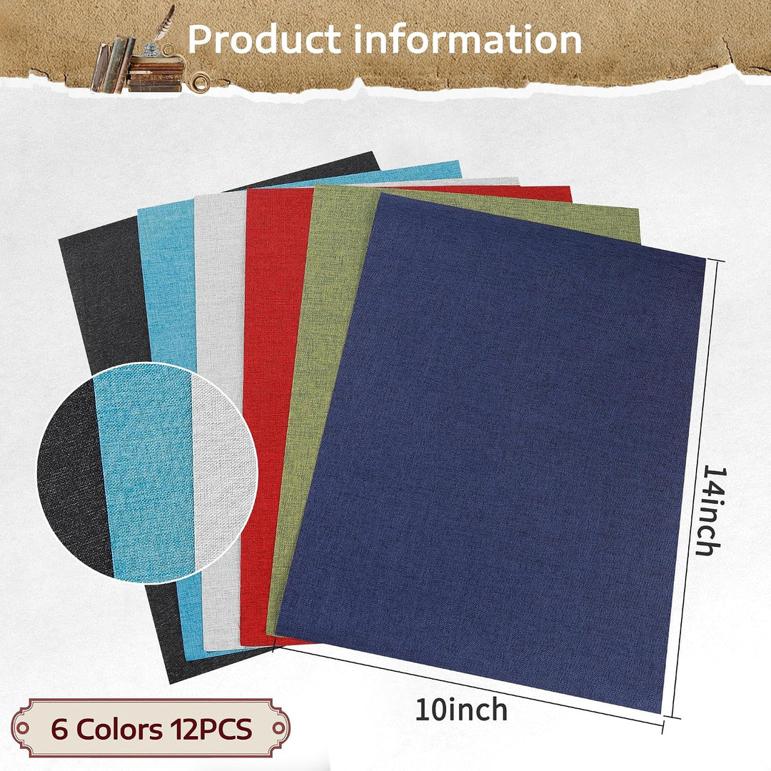 12Pcs Book Cloth for Book Binding, 14X10” 6 Colors Fabric Surface and Paper Backed Book Binding Materials, Binding Fabric for DIY Covers, No Fraying, Pre-Cut &amp; Ready to Use (A)