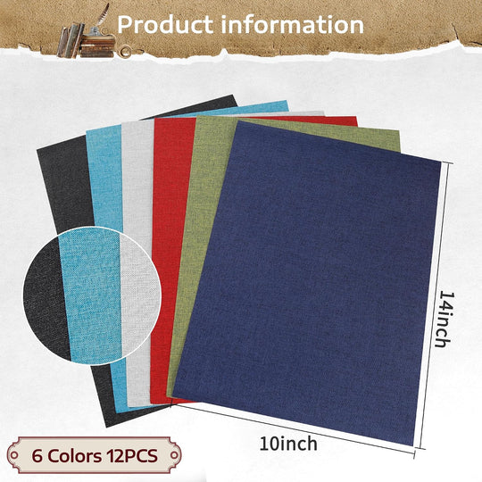 12Pcs Book Cloth for Book Binding, 14X10” 6 Colors Fabric Surface and Paper Backed Book Binding Materials, Binding Fabric for DIY Covers, No Fraying, Pre-Cut &amp; Ready to Use (A)