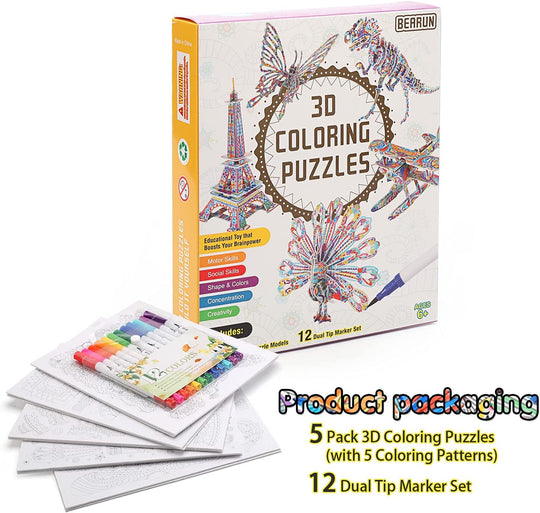 BEARUN 3D Coloring Puzzle Set, Arts and Crafts for Girls and Boys Age 6 7 8 9 10 11 12 Year Old, Fun Educational Painting Crafts Kit with Supplies for Kids, Birthday Toy Gift for Kids