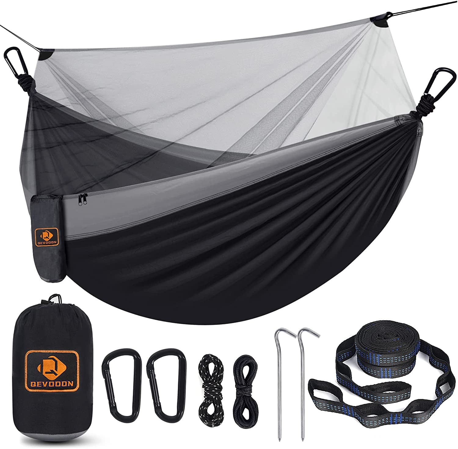 Qevooon Camping Hammock with Net,Travel Portable Lightweight Hammocks with Tree Straps and Solid D-Shape Carabiners,Parachute Nylon Hammock for Outsides Backpacking Beach Backyard Patio Hiking