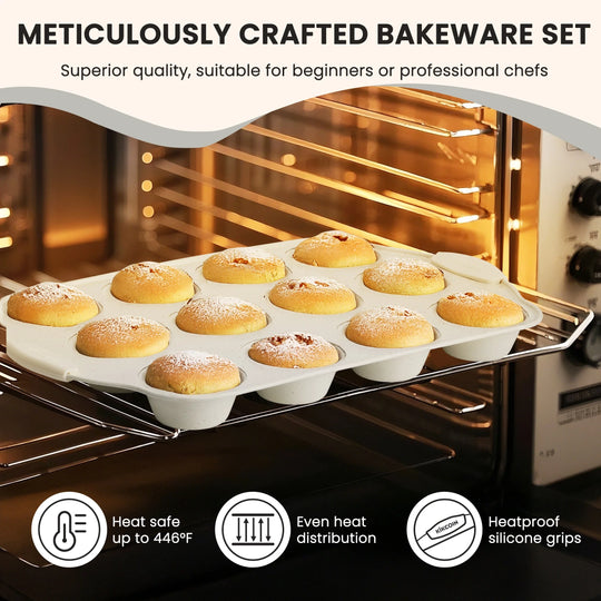 Bakeware Set, 21-Piece Baking Pans Set Kitchen Carbon Steel Baking Sheet Pans with Silicone Handles, Cookie Sheets Nonstick(Beige)