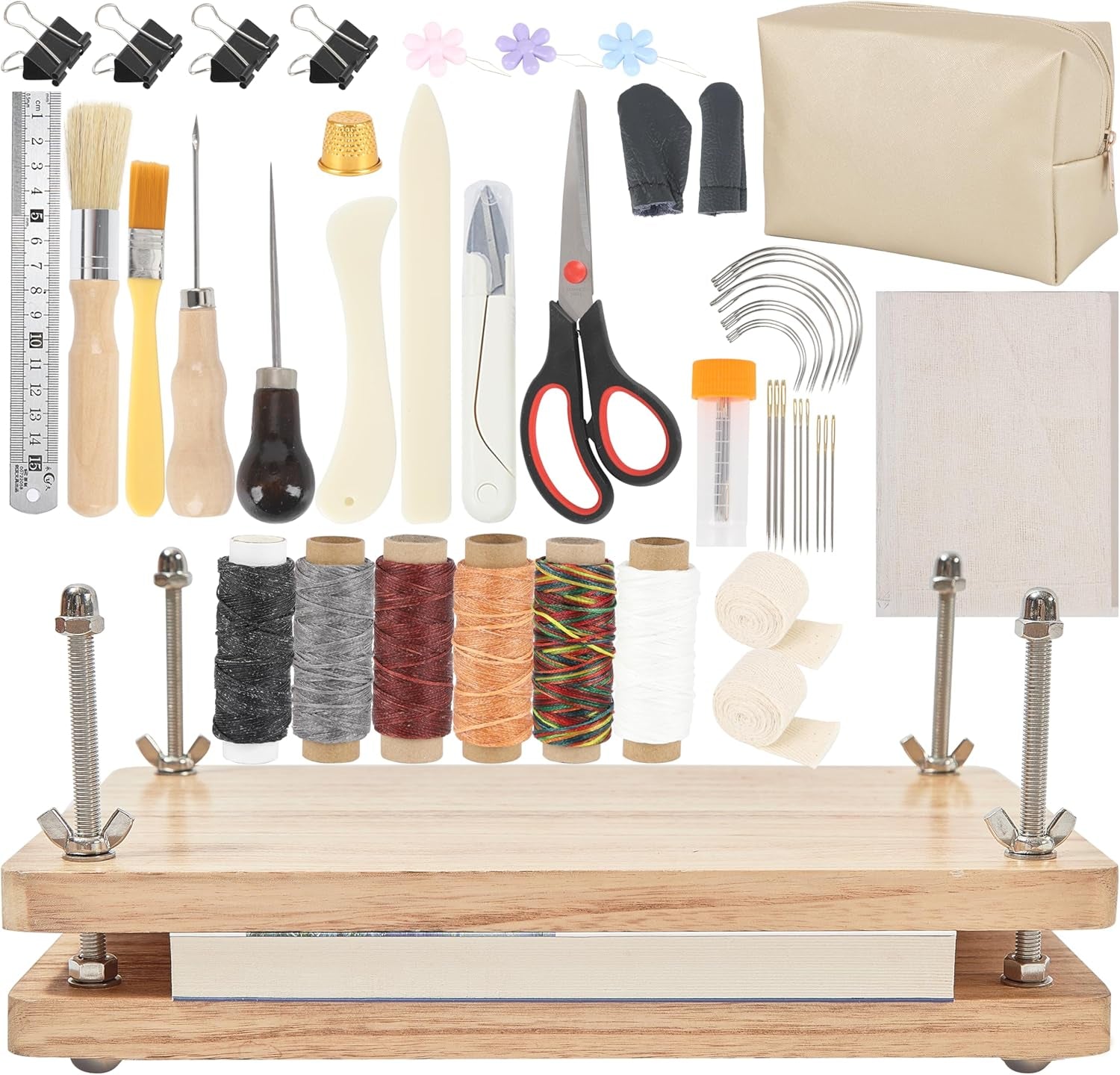 FUXAFU 50 Pcs Book Binding Kits, 13"X7.9" Inch Wooden Book Press，Books Binding Materials, with Bone Folder, Awl, Needles for DIY Bookbinding, Bookrepair, Handmade Crafts