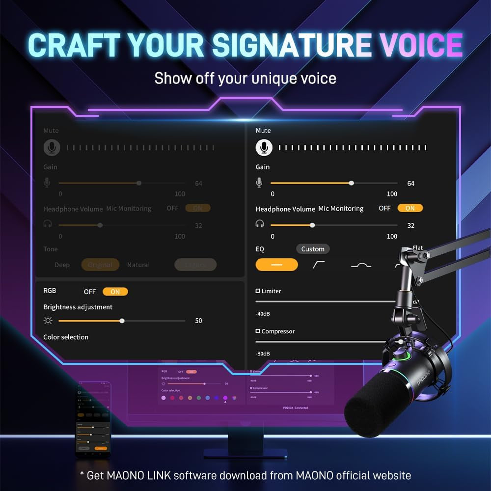 MAONO XLR/USB Dynamic Microphone Kit, RGB Gaming Mic Bundle for Podcast Studio Streaming Recording Vocal PD200X+BA92 Black